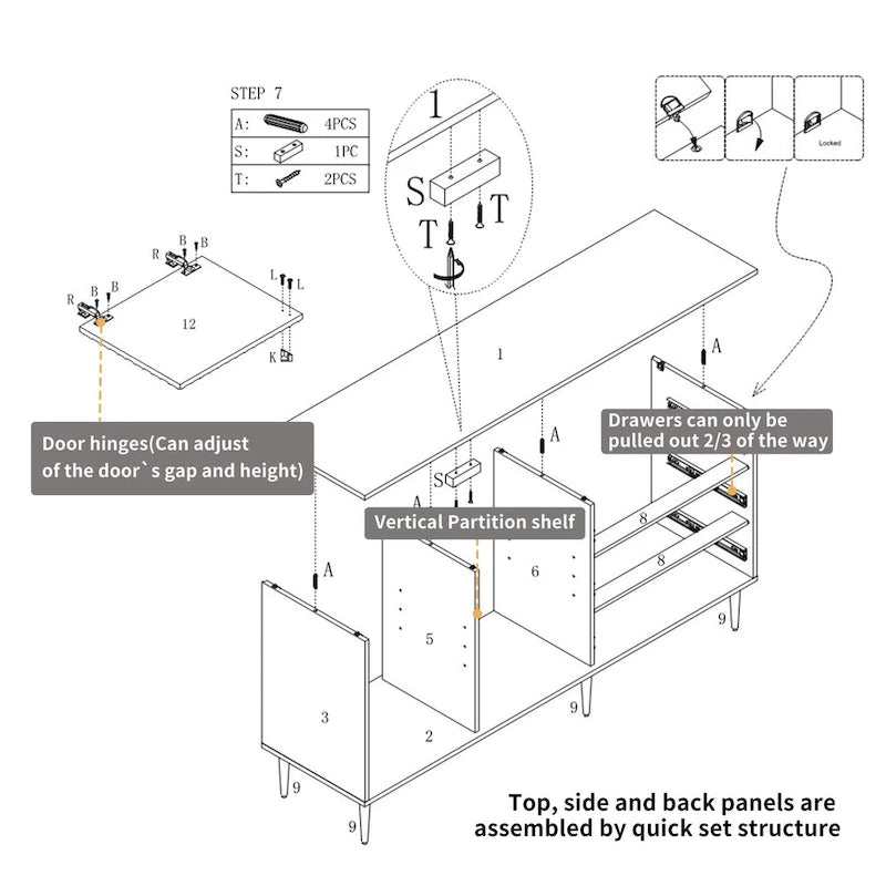 Sideboard-Buffetschrank mit 2 Türen, goldenen Beinen und 3 Schubladen