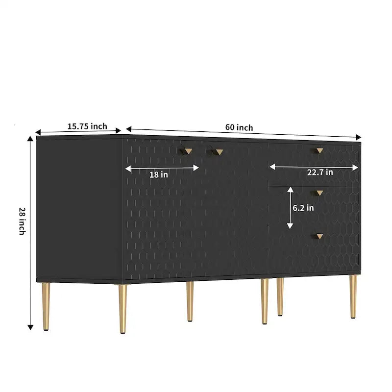 Sideboard-Buffetschrank mit 2 Türen, goldenen Beinen und 3 Schubladen