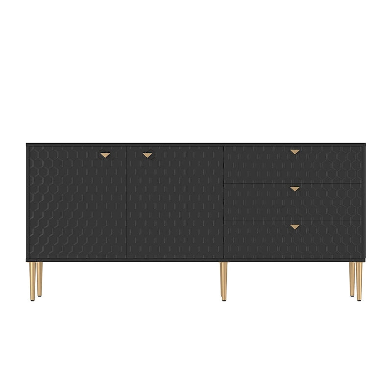Sideboard-Buffetschrank mit 2 Türen, goldenen Beinen und 3 Schubladen