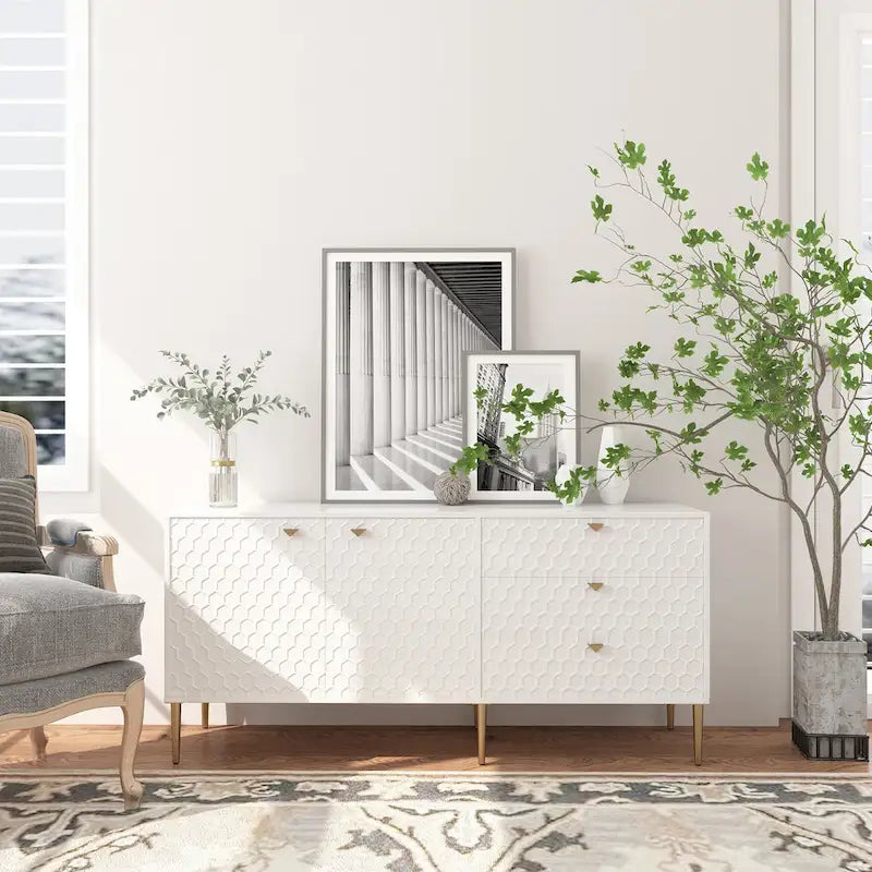 Sideboard-Buffetschrank mit 2 Türen, goldenen Beinen und 3 Schubladen