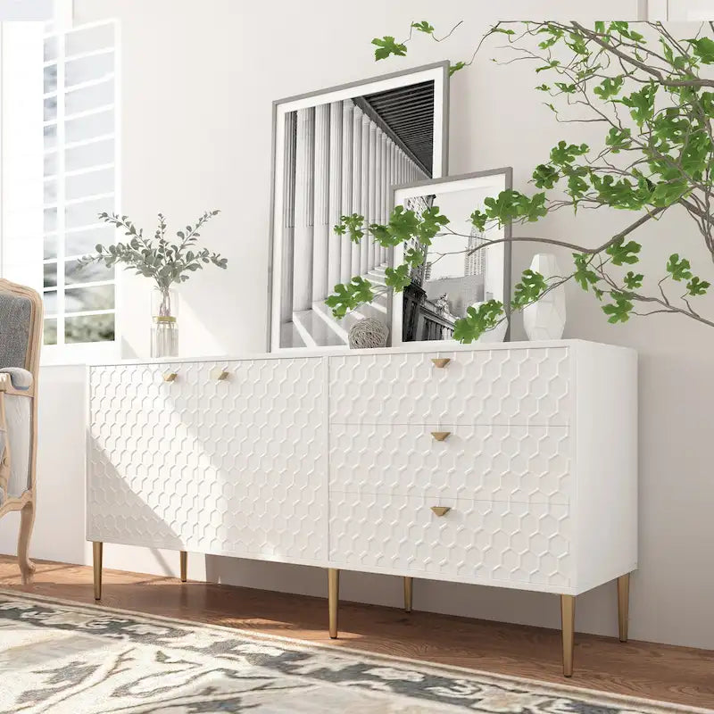 Sideboard-Buffetschrank mit 2 Türen, goldenen Beinen und 3 Schubladen