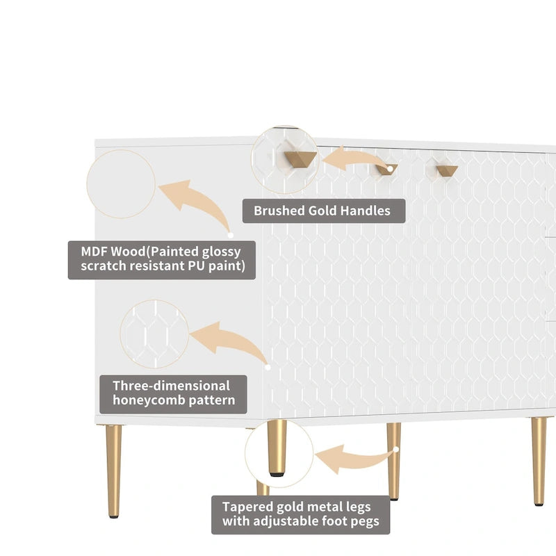 Sideboard-Buffetschrank mit 2 Türen, goldenen Beinen und 3 Schubladen
