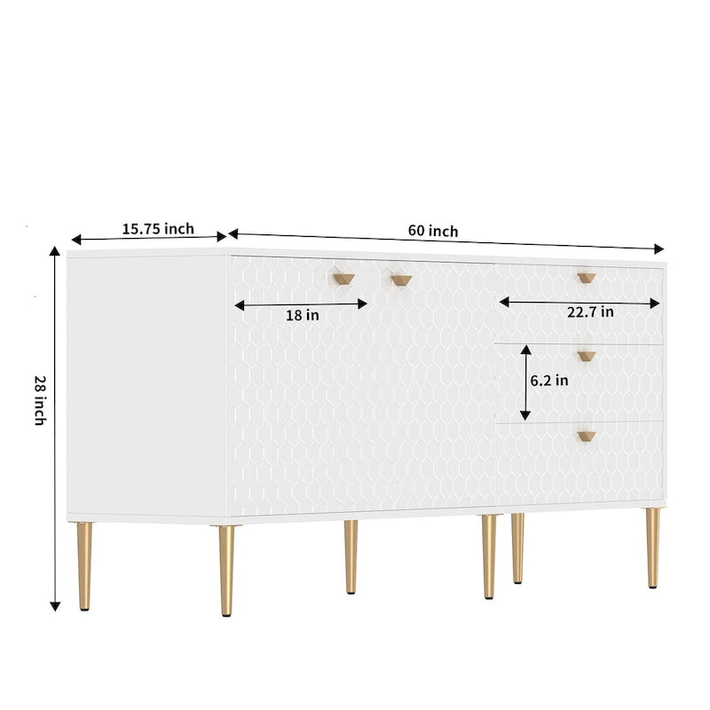 Sideboard-Buffetschrank mit 2 Türen, goldenen Beinen und 3 Schubladen