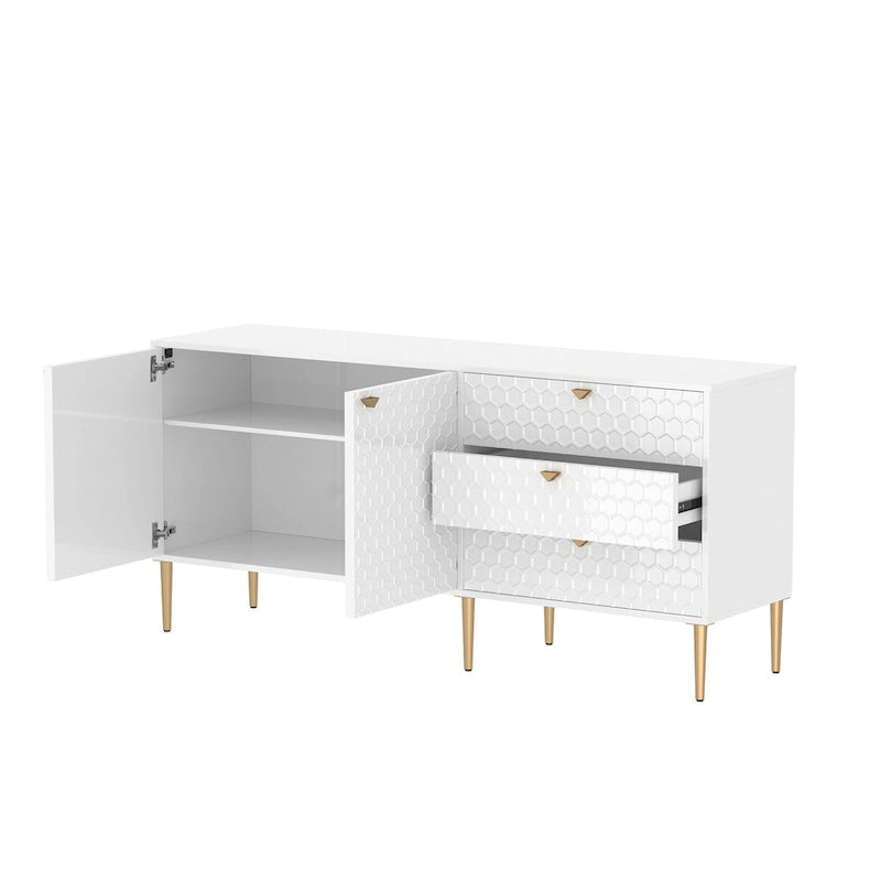 Sideboard-Buffetschrank mit 2 Türen, goldenen Beinen und 3 Schubladen