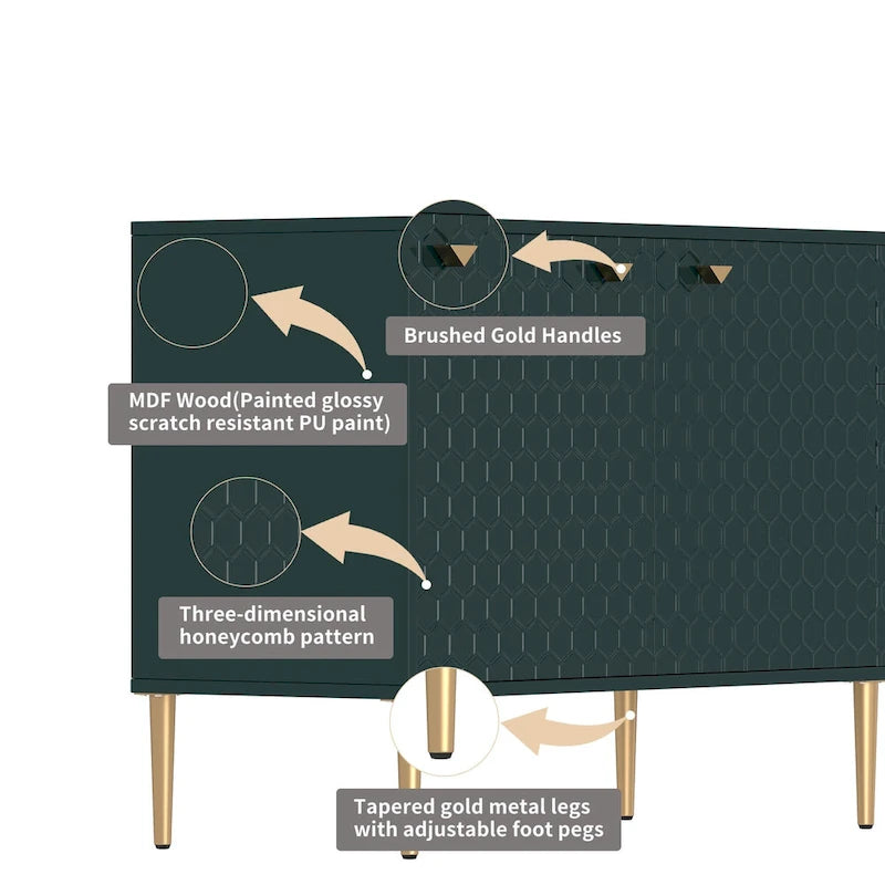 Sideboard-Buffetschrank mit 2 Türen, goldenen Beinen und 3 Schubladen