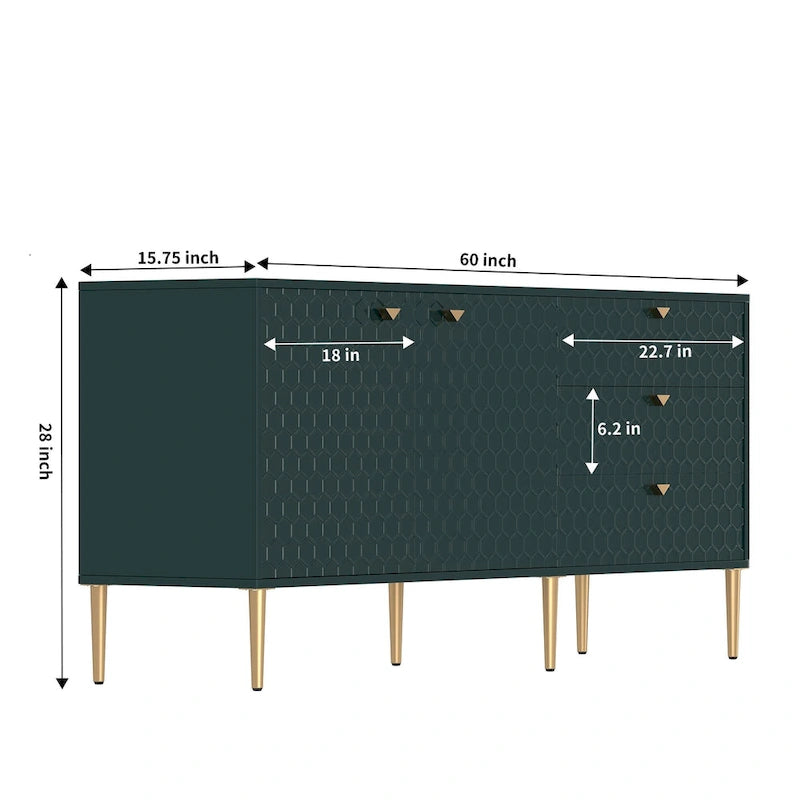 Sideboard-Buffetschrank mit 2 Türen, goldenen Beinen und 3 Schubladen
