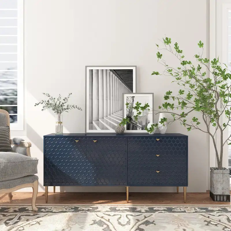 Sideboard-Buffetschrank mit 2 Türen, goldenen Beinen und 3 Schubladen