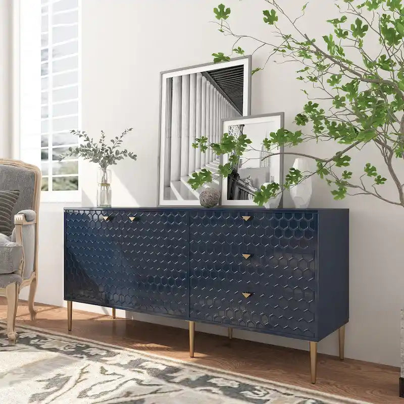 Sideboard-Buffetschrank mit 2 Türen, goldenen Beinen und 3 Schubladen