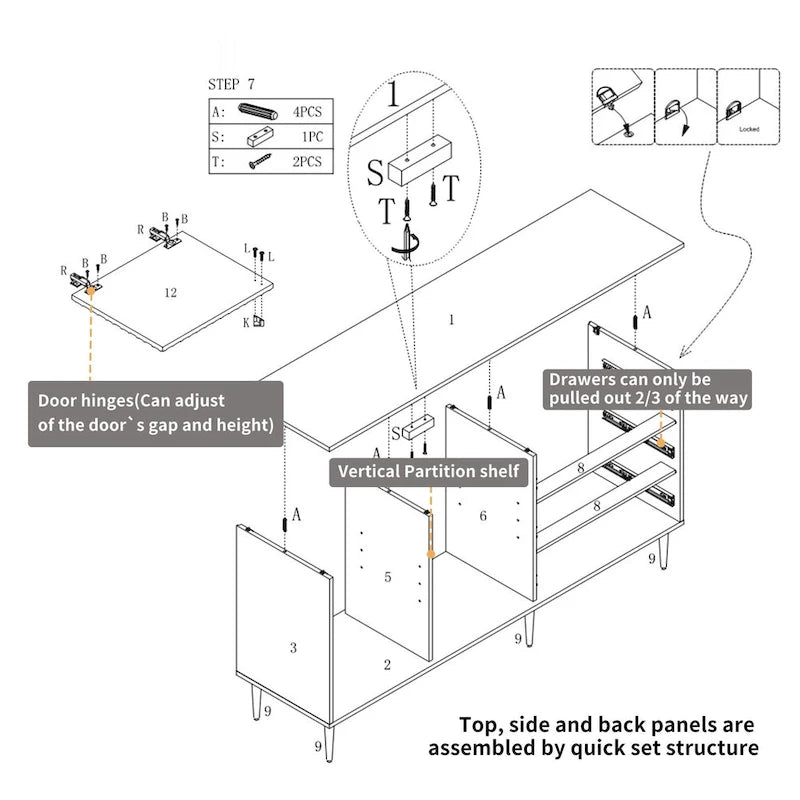 Sideboard-Buffetschrank mit 2 Türen, goldenen Beinen und 3 Schubladen