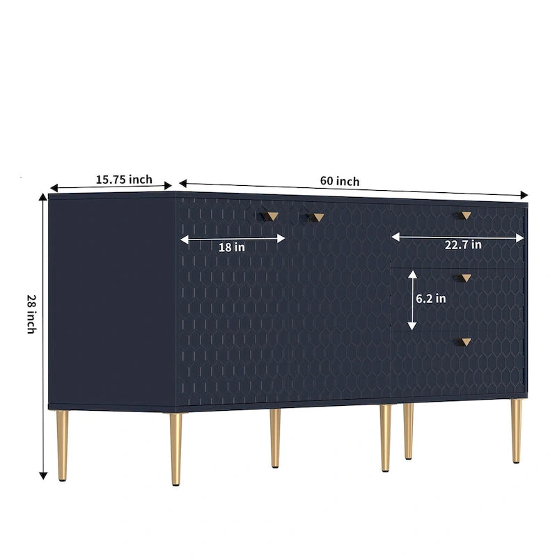 Sideboard-Buffetschrank mit 2 Türen, goldenen Beinen und 3 Schubladen