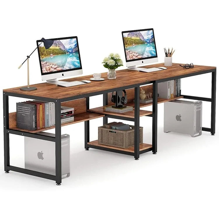 Doppel-Schreibtisch mit Regal, 200 cm Computertisch für zwei Personen