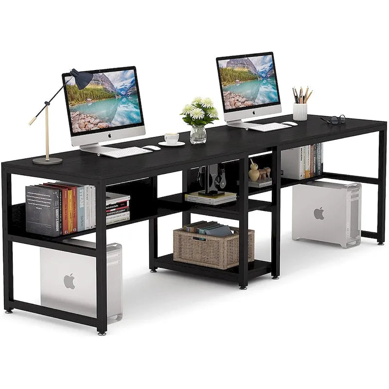 Doppel-Schreibtisch mit Regal, 200 cm Computertisch für zwei Personen