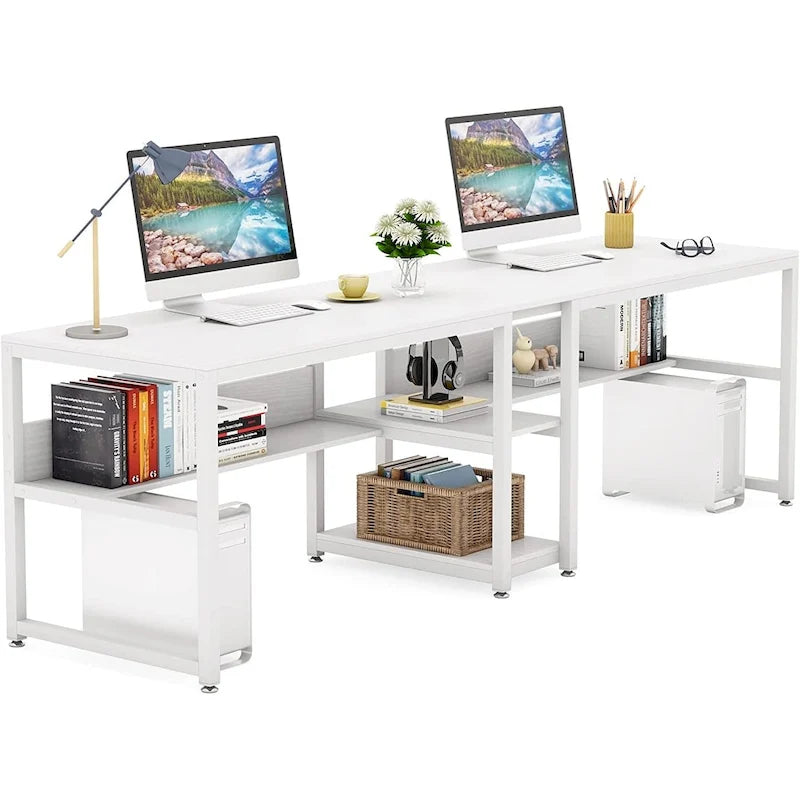 Doppel-Schreibtisch mit Regal, 200 cm Computertisch für zwei Personen