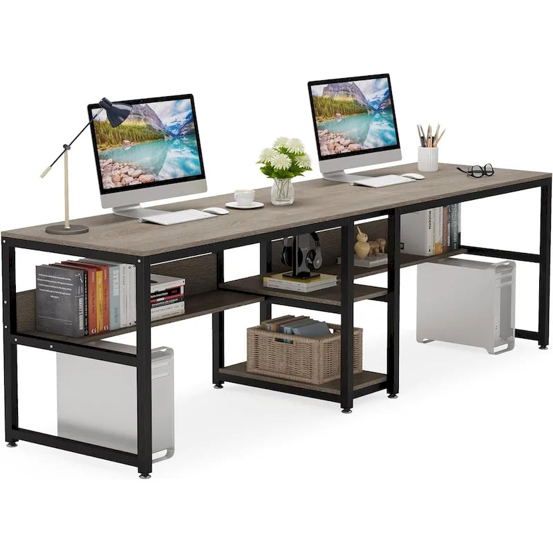 Doppel-Schreibtisch mit Regal, 200 cm Computertisch für zwei Personen