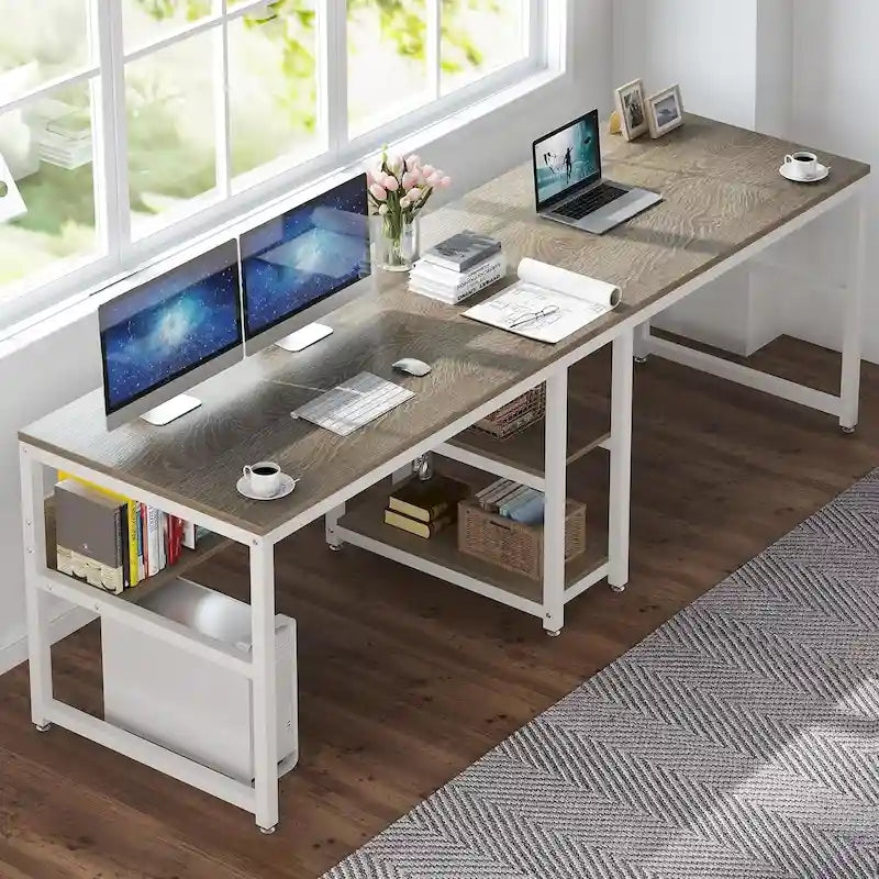 Doppel-Schreibtisch mit Regal, 200 cm Computertisch für zwei Personen