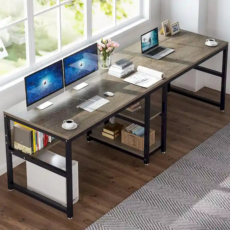 Doppel-Schreibtisch mit Regal, 200 cm Computertisch für zwei Personen
