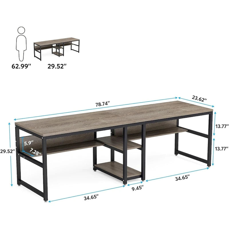 Doppel-Schreibtisch mit Regal, 200 cm Computertisch für zwei Personen