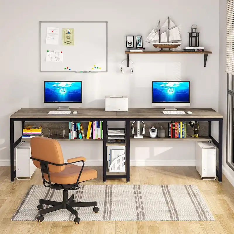 Doppel-Schreibtisch mit Regal, 200 cm Computertisch für zwei Personen