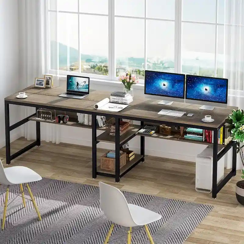 Doppel-Schreibtisch mit Regal, 200 cm Computertisch für zwei Personen