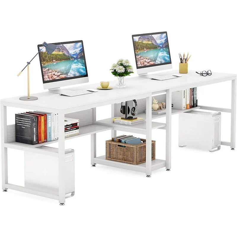 Doppel-Schreibtisch mit Regal, 200 cm Computertisch für zwei Personen