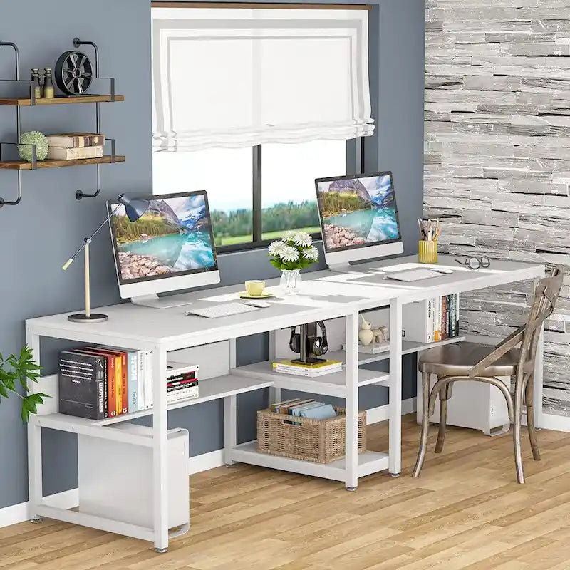 Doppel-Schreibtisch mit Regal, 200 cm Computertisch für zwei Personen