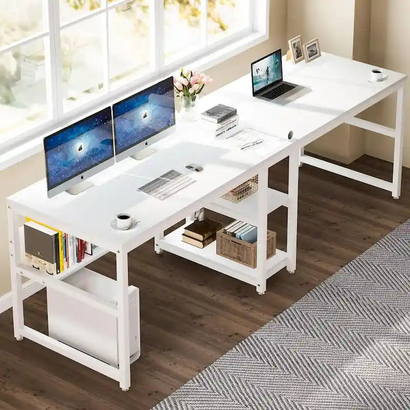 Doppel-Schreibtisch mit Regal, 200 cm Computertisch für zwei Personen