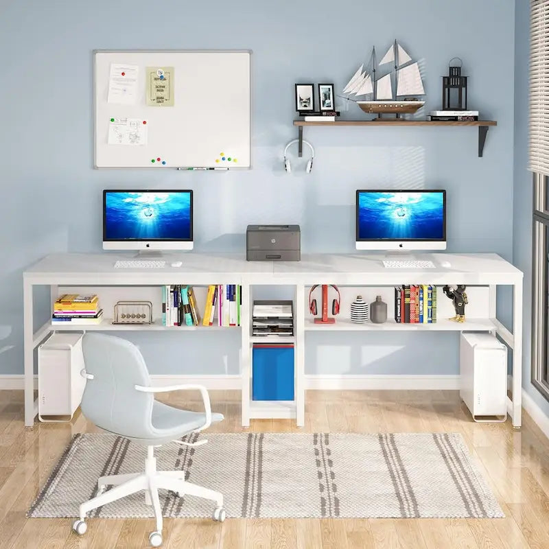 Doppel-Schreibtisch mit Regal, 200 cm Computertisch für zwei Personen