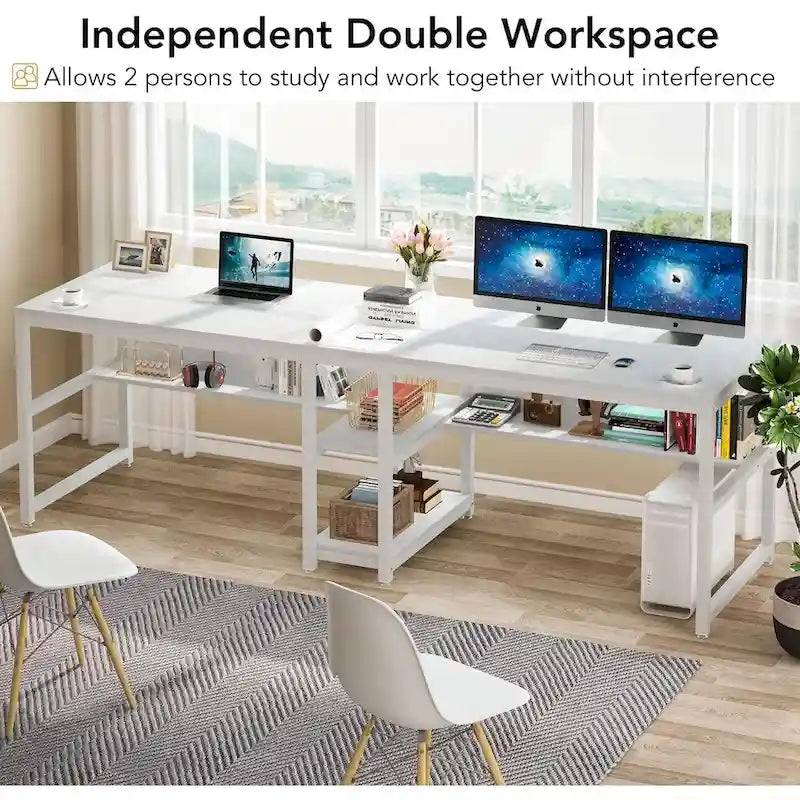Doppel-Schreibtisch mit Regal, 200 cm Computertisch für zwei Personen