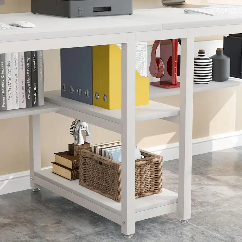 Doppel-Schreibtisch mit Regal, 200 cm Computertisch für zwei Personen
