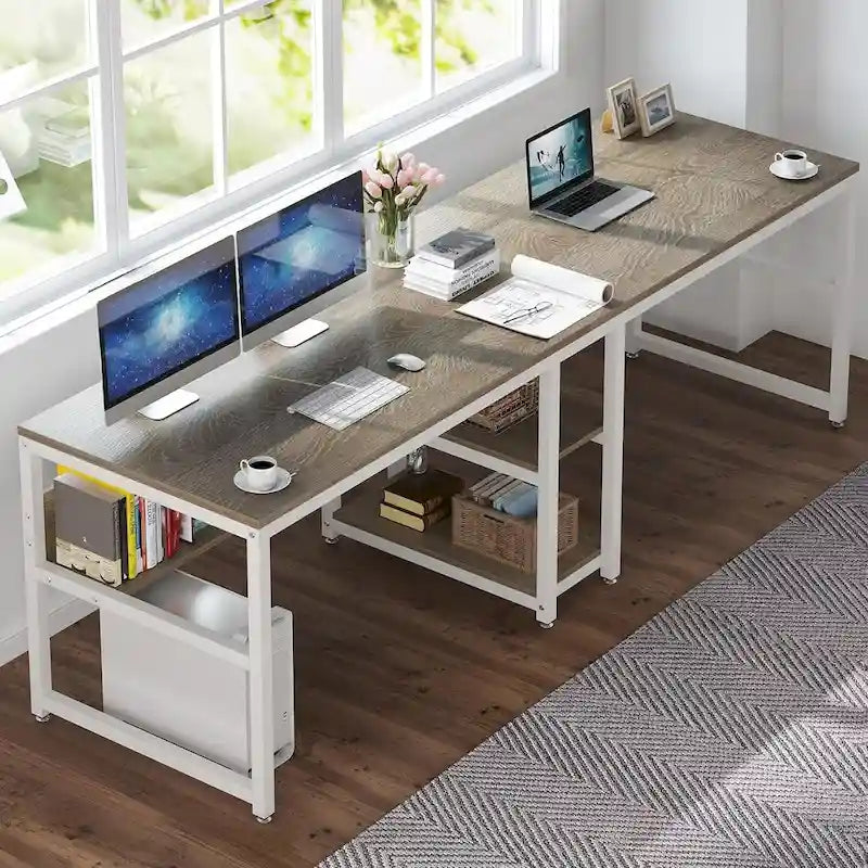 Doppel-Schreibtisch mit Regal, 200 cm Computertisch für zwei Personen