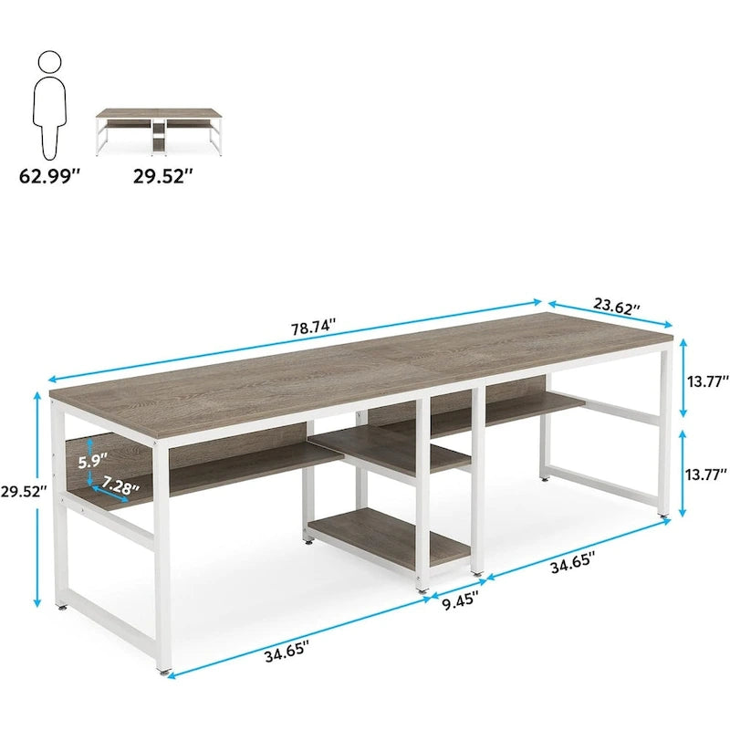 Doppel-Schreibtisch mit Regal, 200 cm Computertisch für zwei Personen