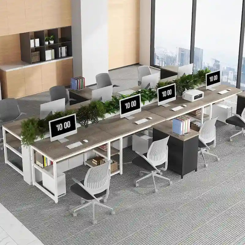 Doppel-Schreibtisch mit Regal, 200 cm Computertisch für zwei Personen
