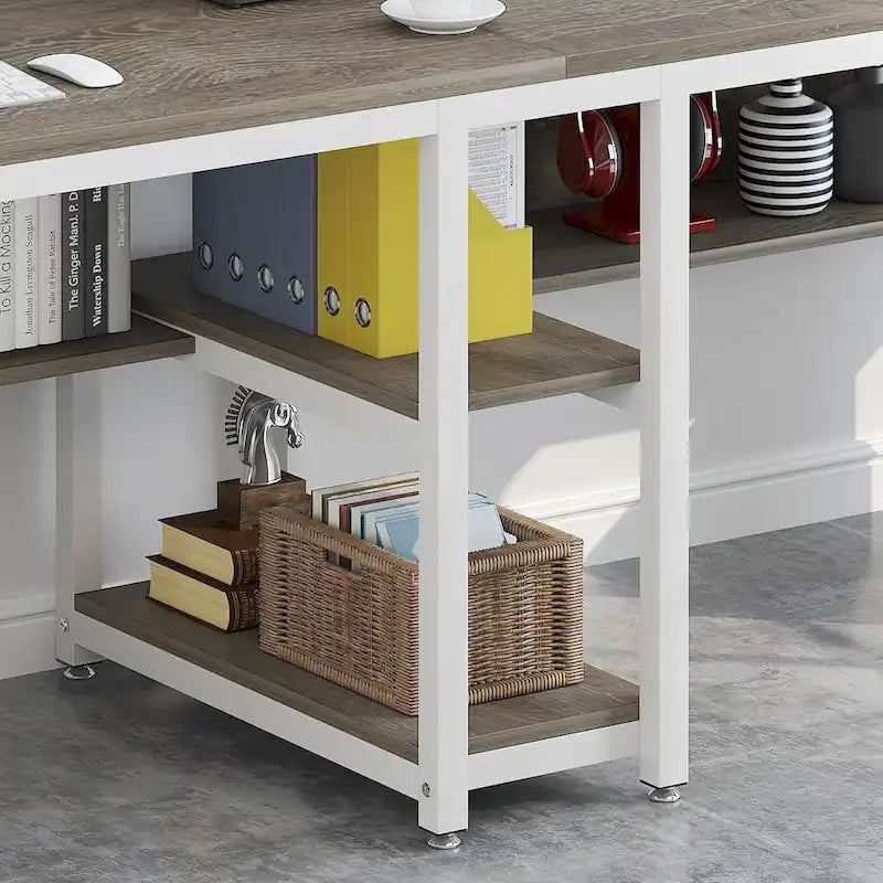 Doppel-Schreibtisch mit Regal, 200 cm Computertisch für zwei Personen