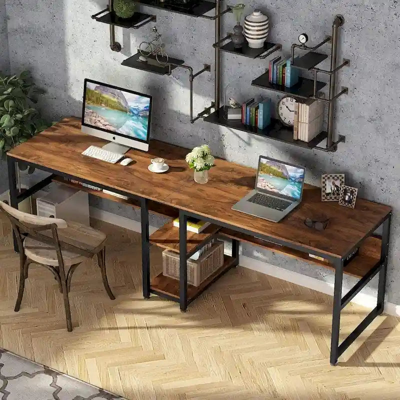 Doppel-Schreibtisch mit Regal, 200 cm Computertisch für zwei Personen
