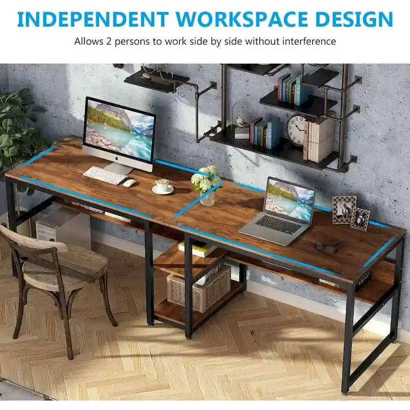 Doppel-Schreibtisch mit Regal, 200 cm Computertisch für zwei Personen