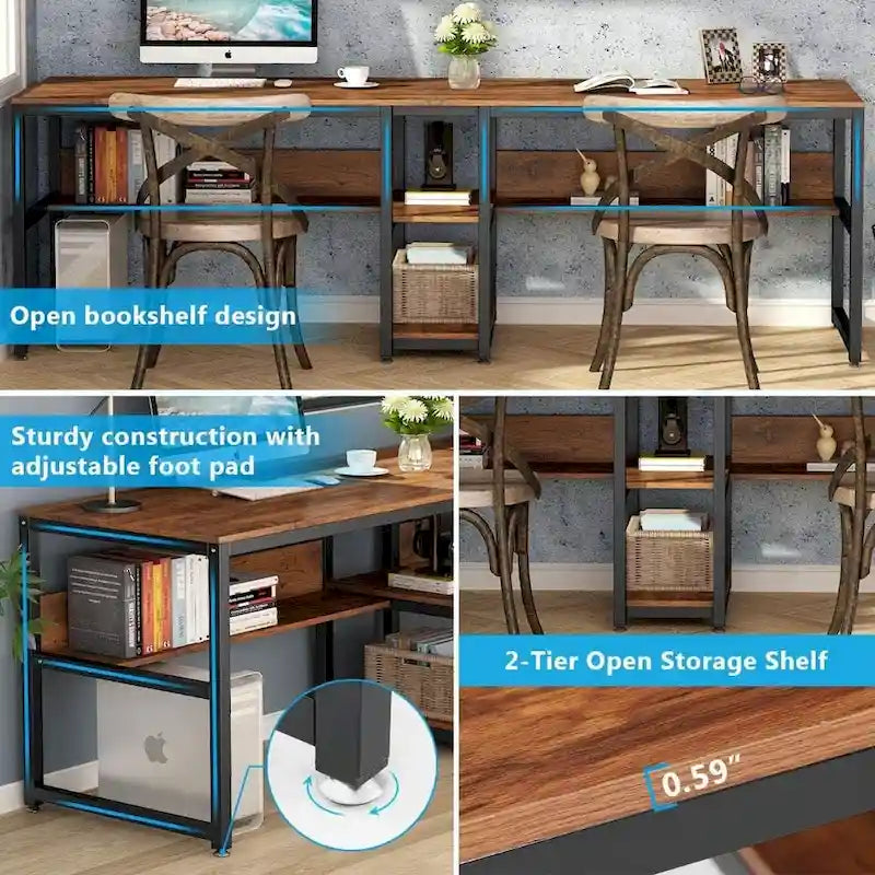 Doppel-Schreibtisch mit Regal, 200 cm Computertisch für zwei Personen