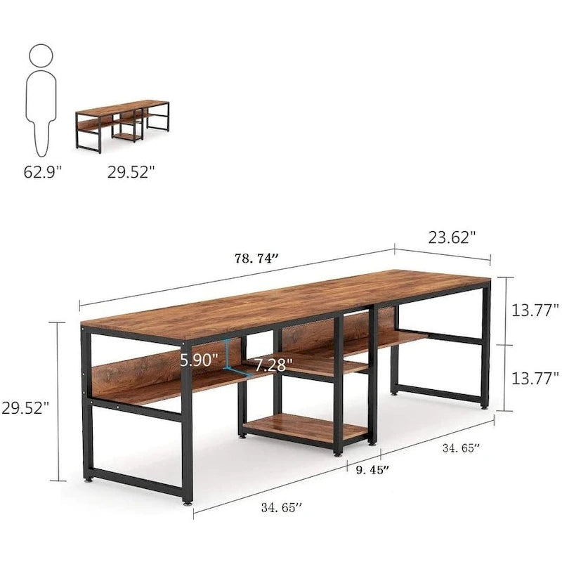 Doppel-Schreibtisch mit Regal, 200 cm Computertisch für zwei Personen