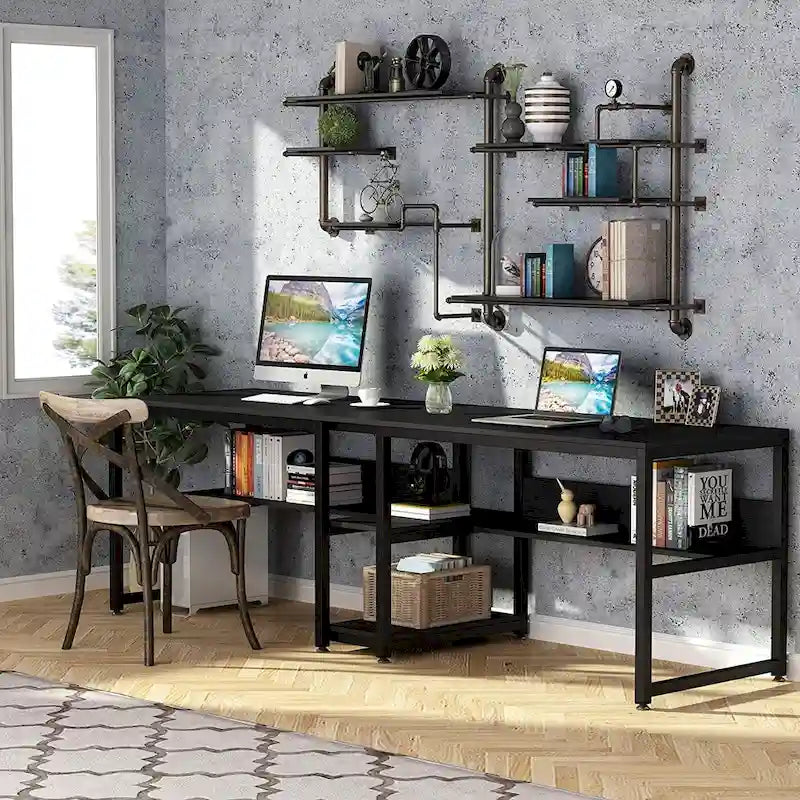 Doppel-Schreibtisch mit Regal, 200 cm Computertisch für zwei Personen