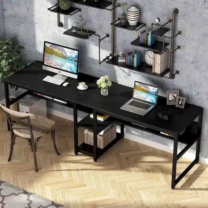 Doppel-Schreibtisch mit Regal, 200 cm Computertisch für zwei Personen