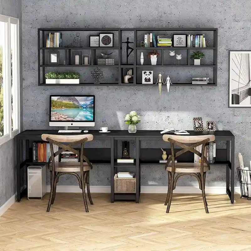 Doppel-Schreibtisch mit Regal, 200 cm Computertisch für zwei Personen