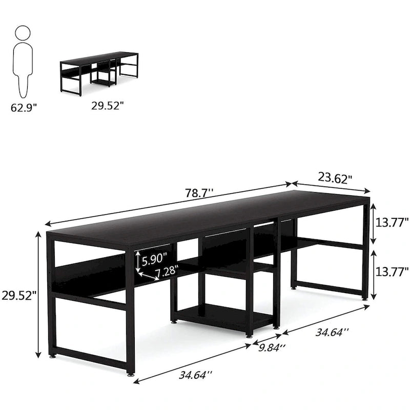Doppel-Schreibtisch mit Regal, 200 cm Computertisch für zwei Personen