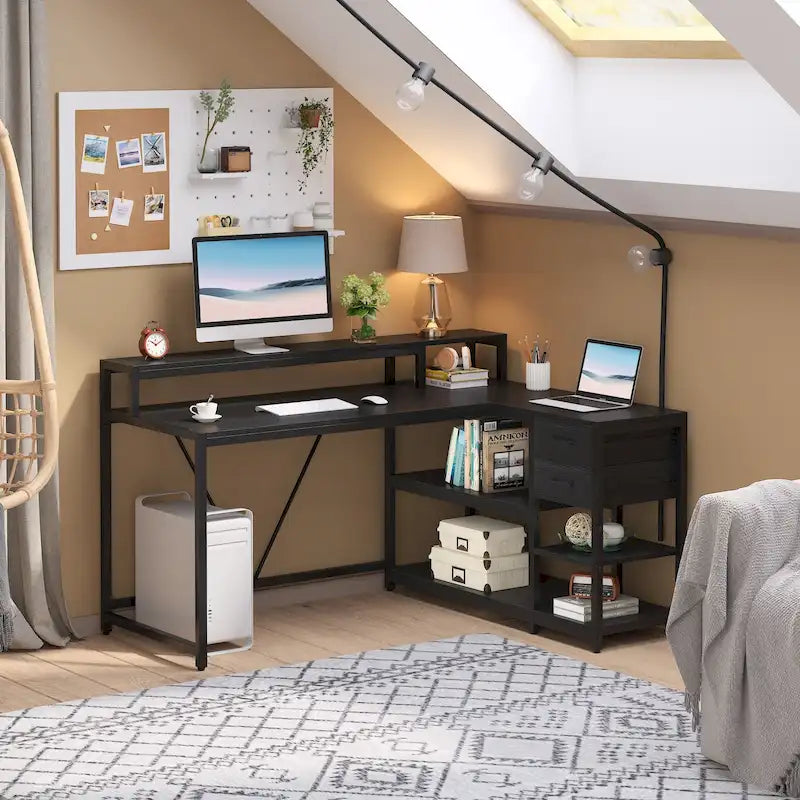 L-förmiger Schreibtisch mit Schublade, Eckschreibtisch für das Home-Office mit Ablagefächern und Monitorständer, rustikaler PC-Tisch für kleine Räume