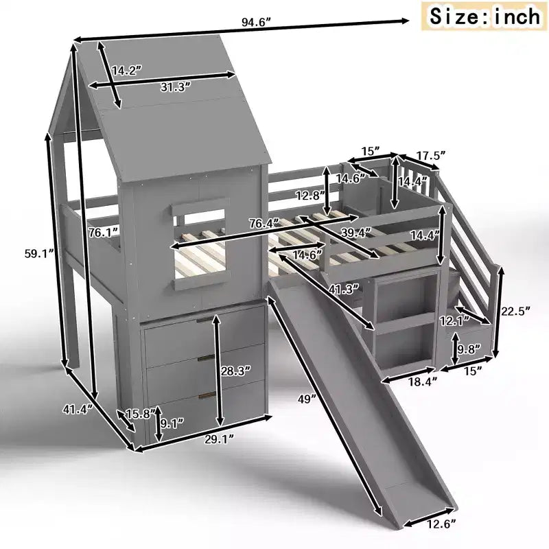 Einzel-Hochbett mit 3 Schubladen und Treppenregal, Hausbett-Gestell aus Holz mit Rutsche und herausziehbarem Schreibtisch