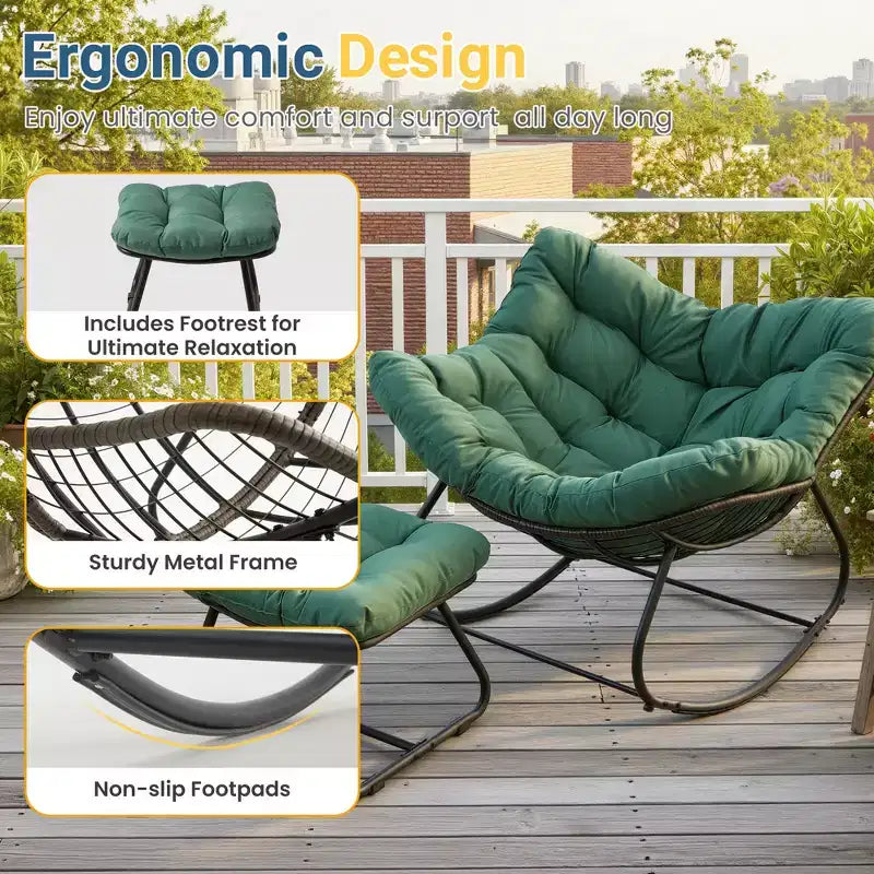 Heynemo Terrassen-Schaukelstuhl mit Hocker, Eiformiger Schaukelstuhl für drinnen und draußen mit Kissen, Überdimensionaler Papasan-Loungesessel aus Metall, Lesesessel