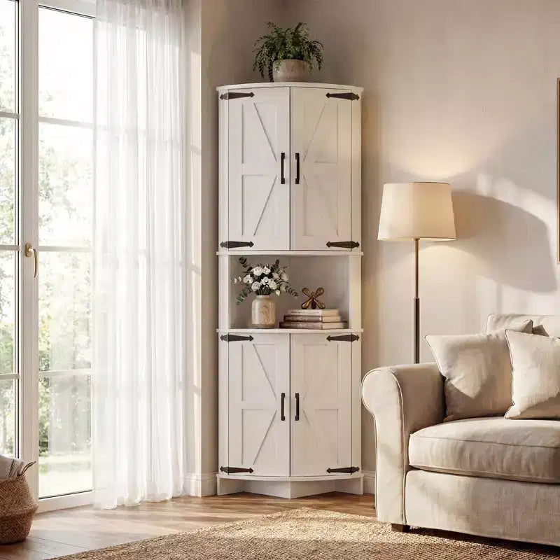 COZONY 65 Eckschrank im Landhausstil mit Türen und verstellbaren Einlegeböden, hoher Eckvorratsschrank für Küche und Wohnzimmer