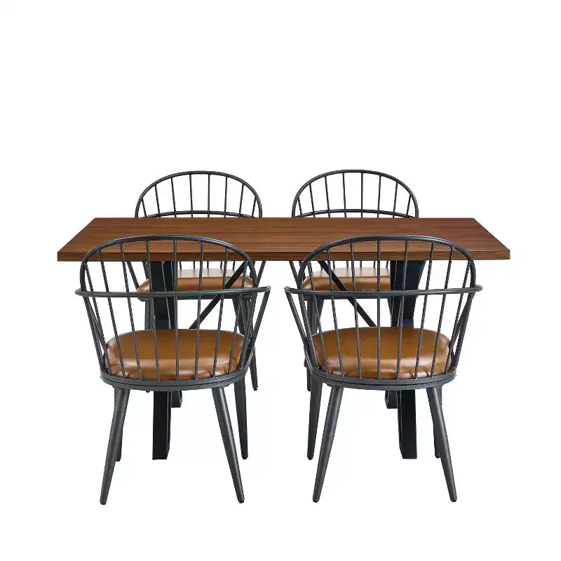 5-teiliges Esstisch-Set mit 4 Essstühlen und rundem/eckigem Tisch, Schwarz+Natur/Walnuss-ModernLuxe