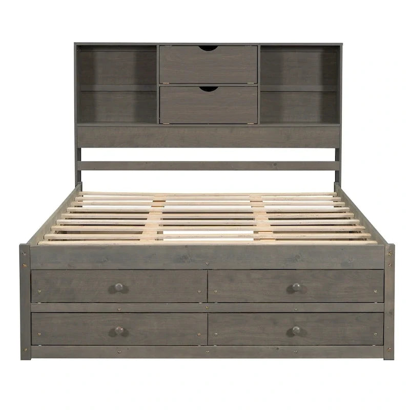 Graues modernes Queen-Size-Holzbett mit Stauraum-Kopfteil und 8 Schubladen