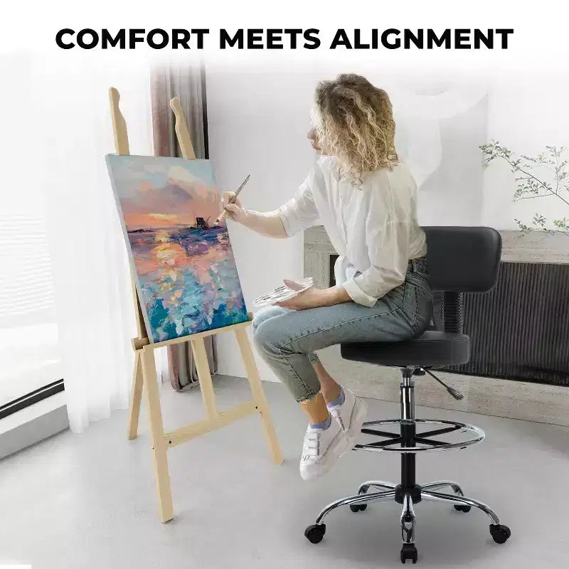 Home Imports Emporium Zeichenhocker – Höhenverstellbarer Drehhocker aus Kunstleder mit Fußstütze und Rückenlehne
