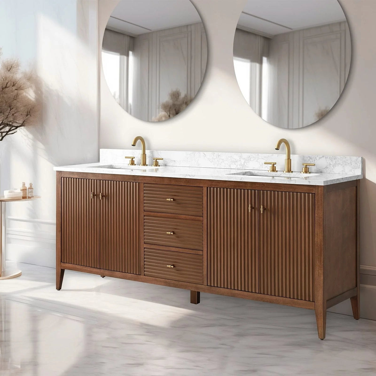 Vanity Art 72 Zoll Badezimmer-Waschtischunterschrank mit Doppelwaschbecken und Kunstmarmorplatte