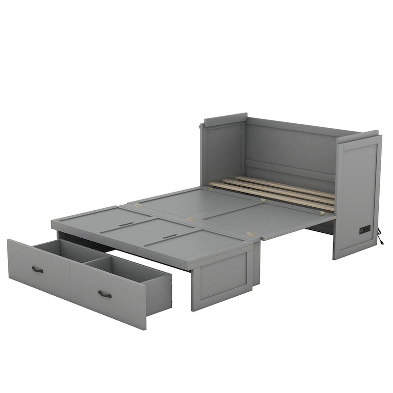Murphy-Bett in voller Größe mit USB-Anschluss und einer großen Schublade, Grau